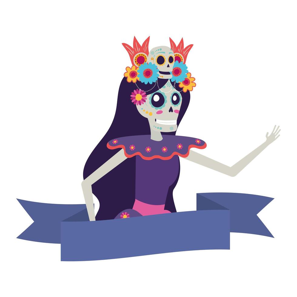 calavera katrina con decoración floral del pelo personaje cómico vector