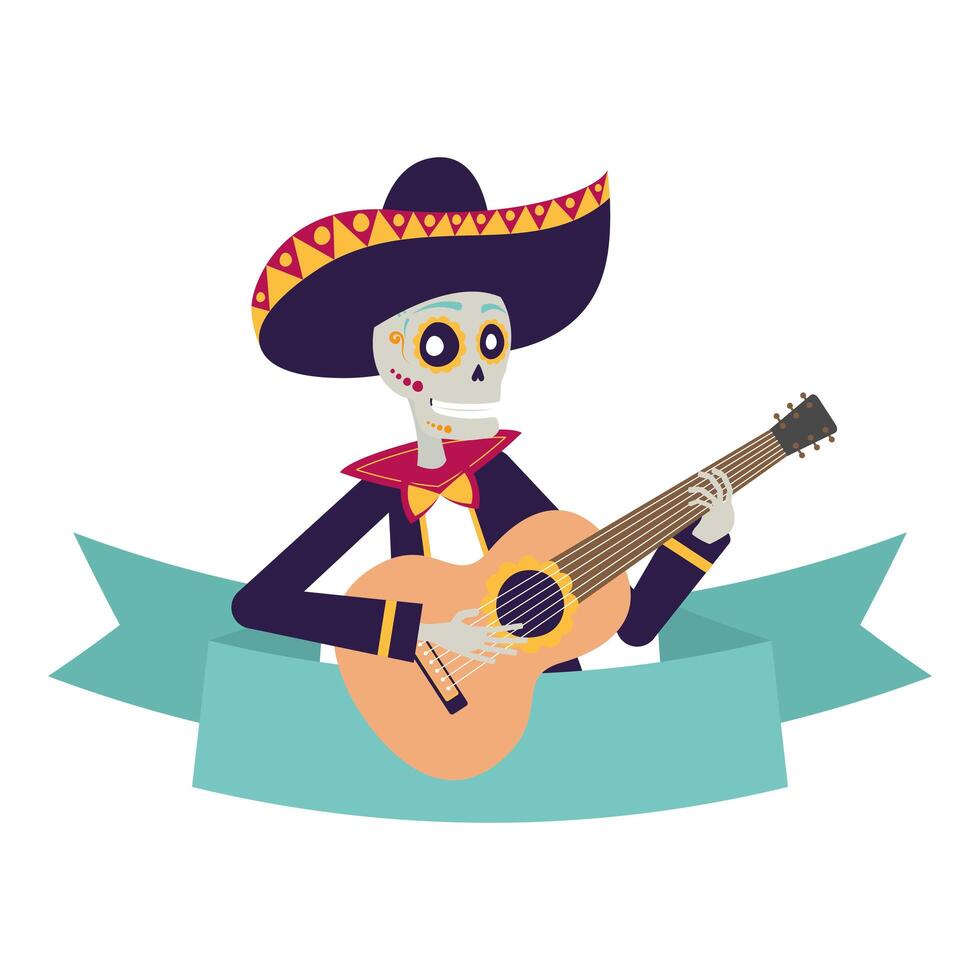 mariachi skull playing guitar comic character vector