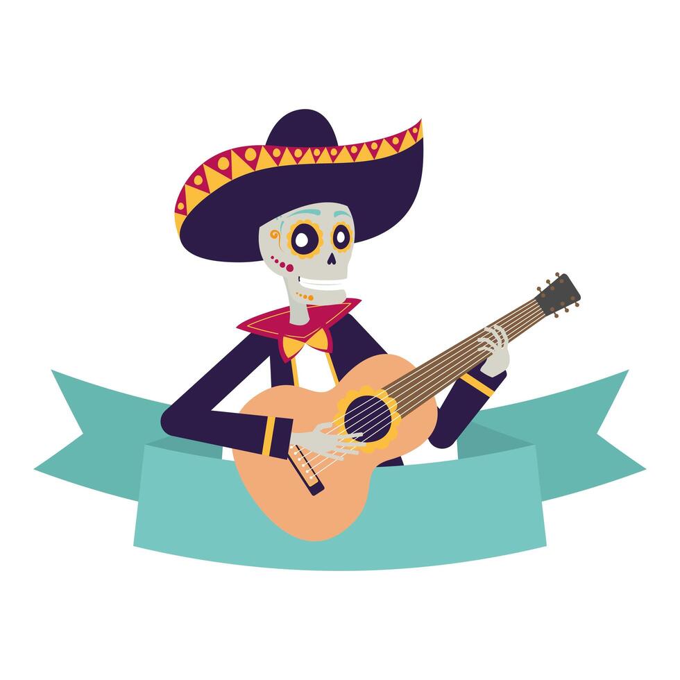 mariachi calavera tocando la guitarra personaje cómico vector