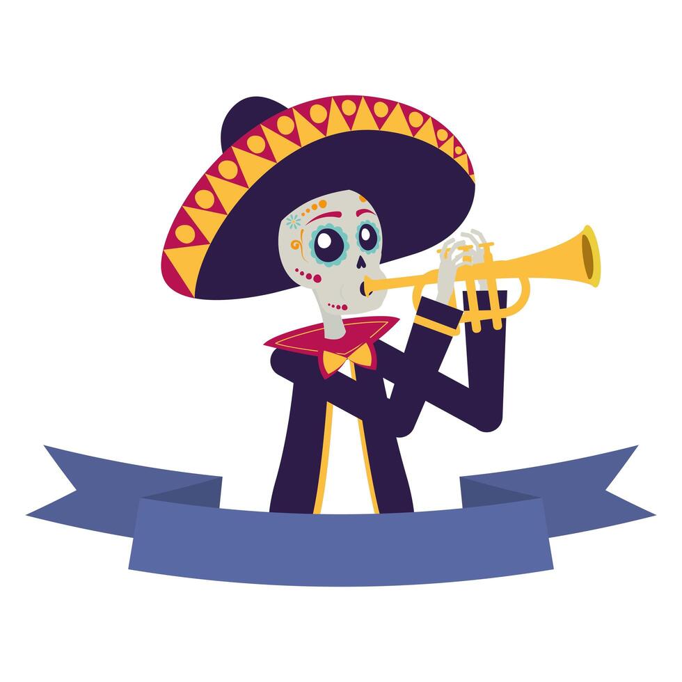 mariachi calavera tocando trompeta personaje cómico vector