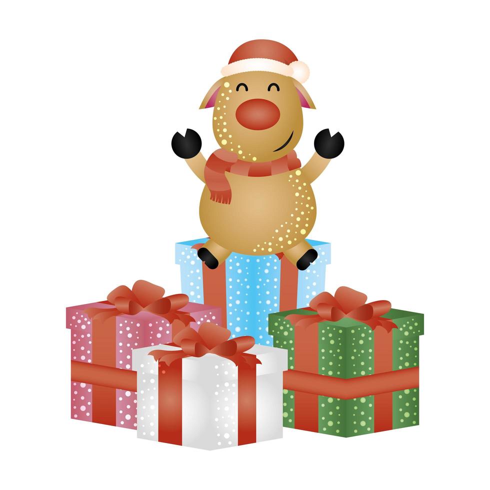 merry christmas cute reindeer in gifts character vector