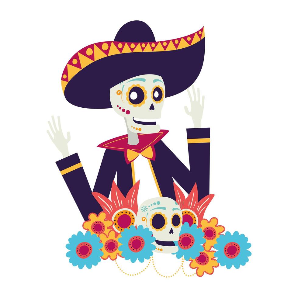 Calavera de mariachi con decoración floral personaje cómico vector