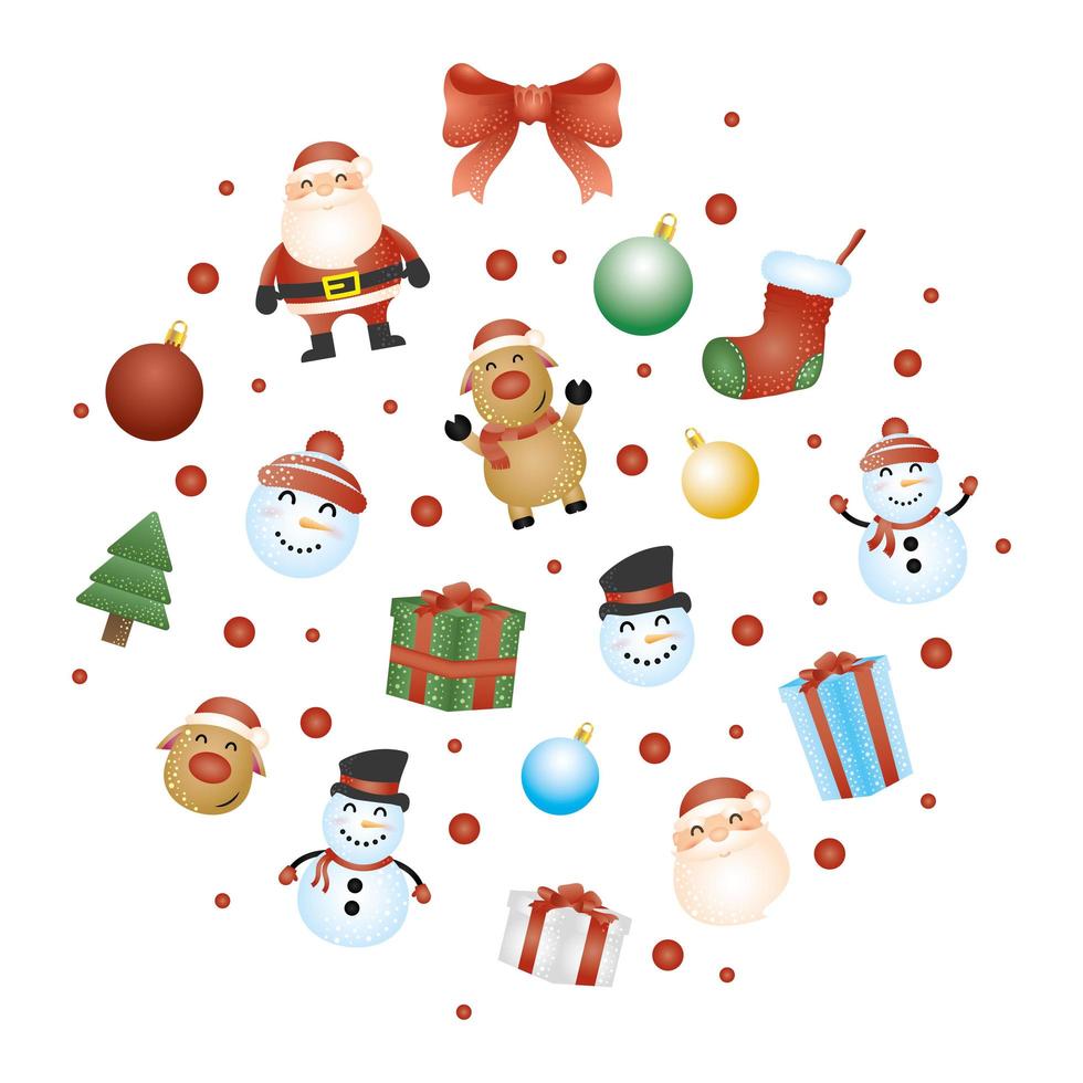 merry christmas card with characters circular pattern vector