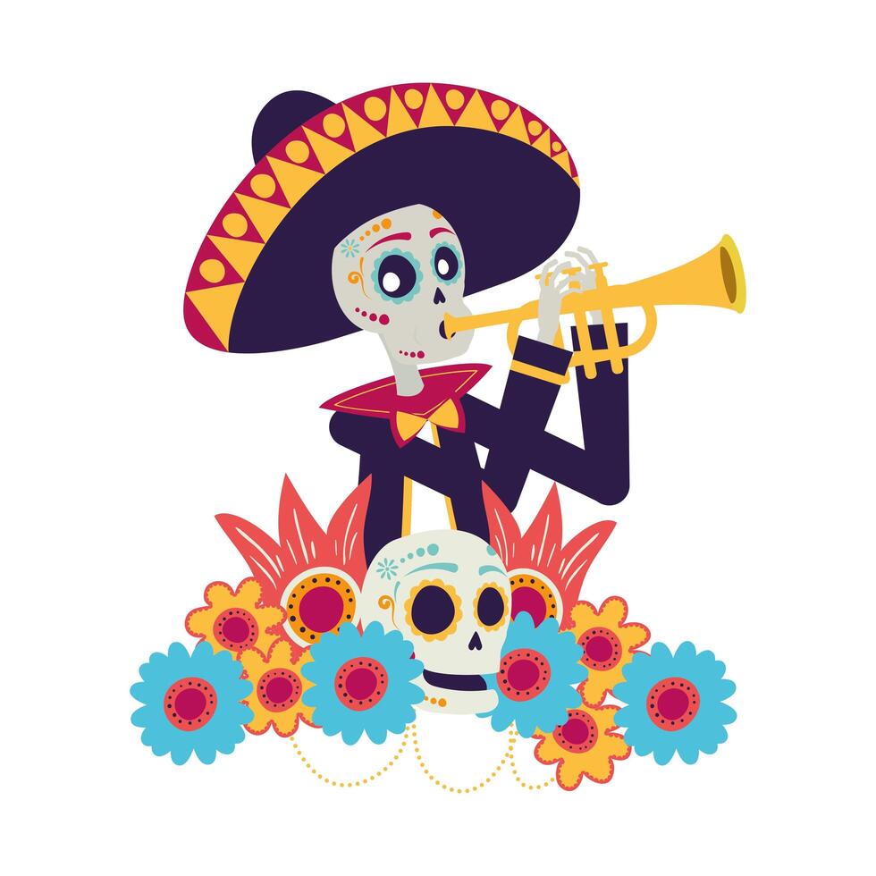 mariachi calavera tocando trompeta personaje cómico vector