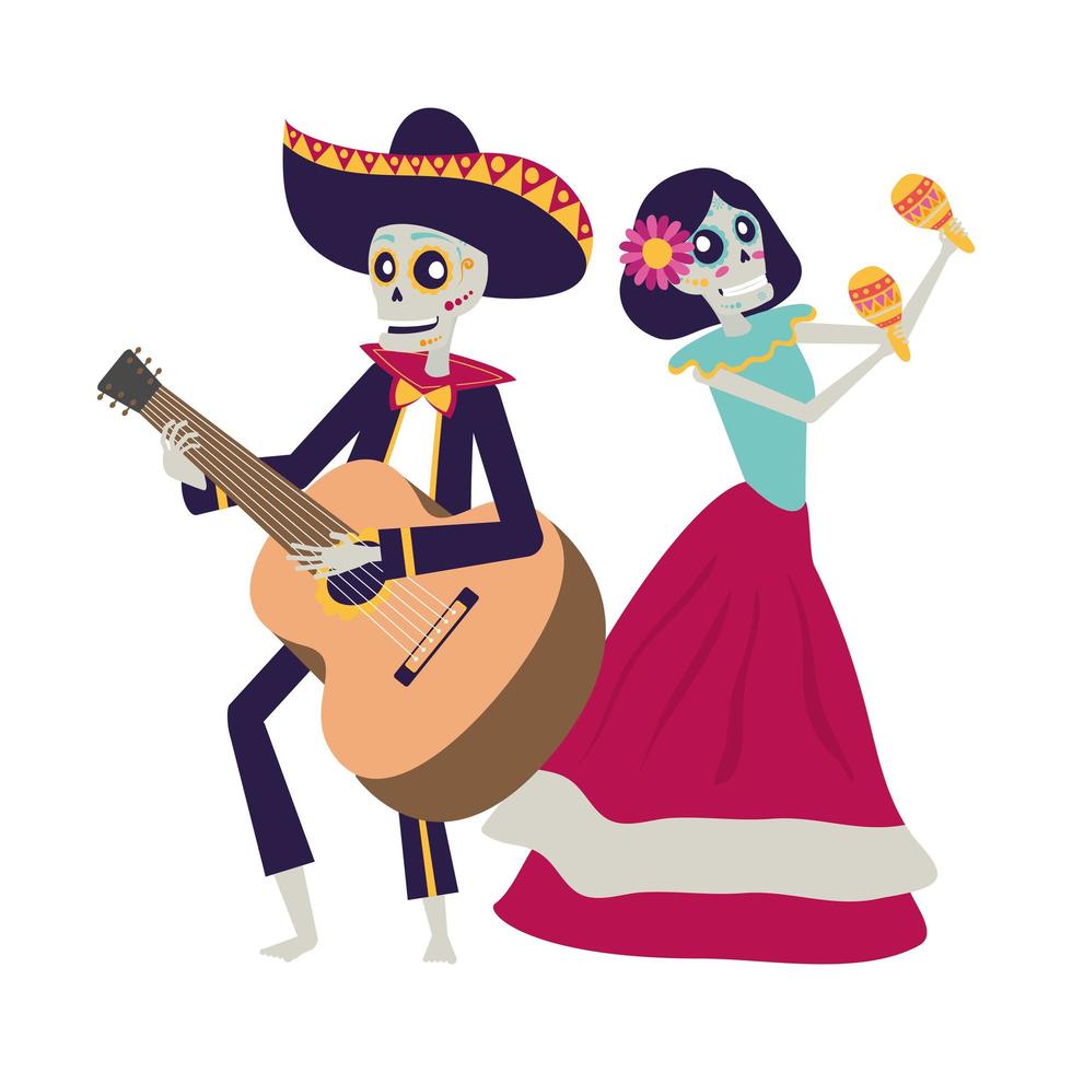 catrina and mariachi skulls playing maracas and guitar vector