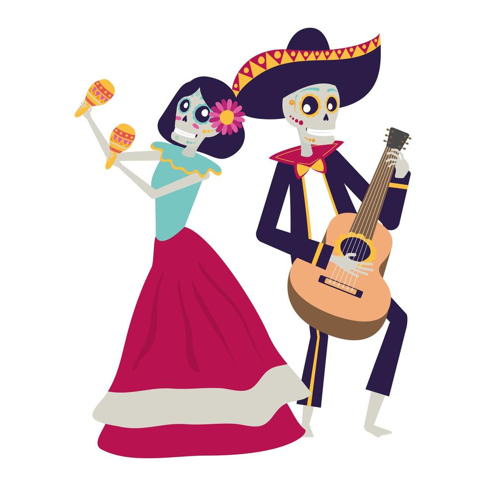 catrina and mariachi skulls playing maracas and guitar vector
