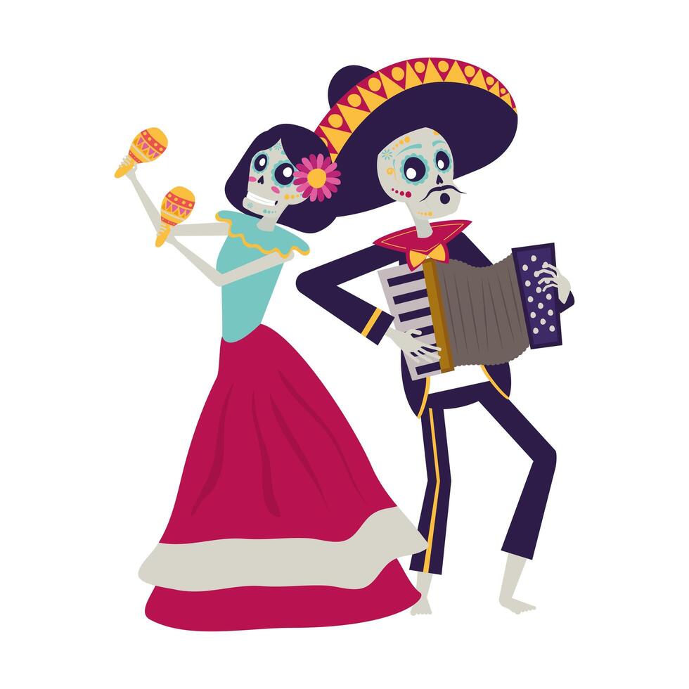 catrina y mariachi tocando acordeón pareja personajes vector