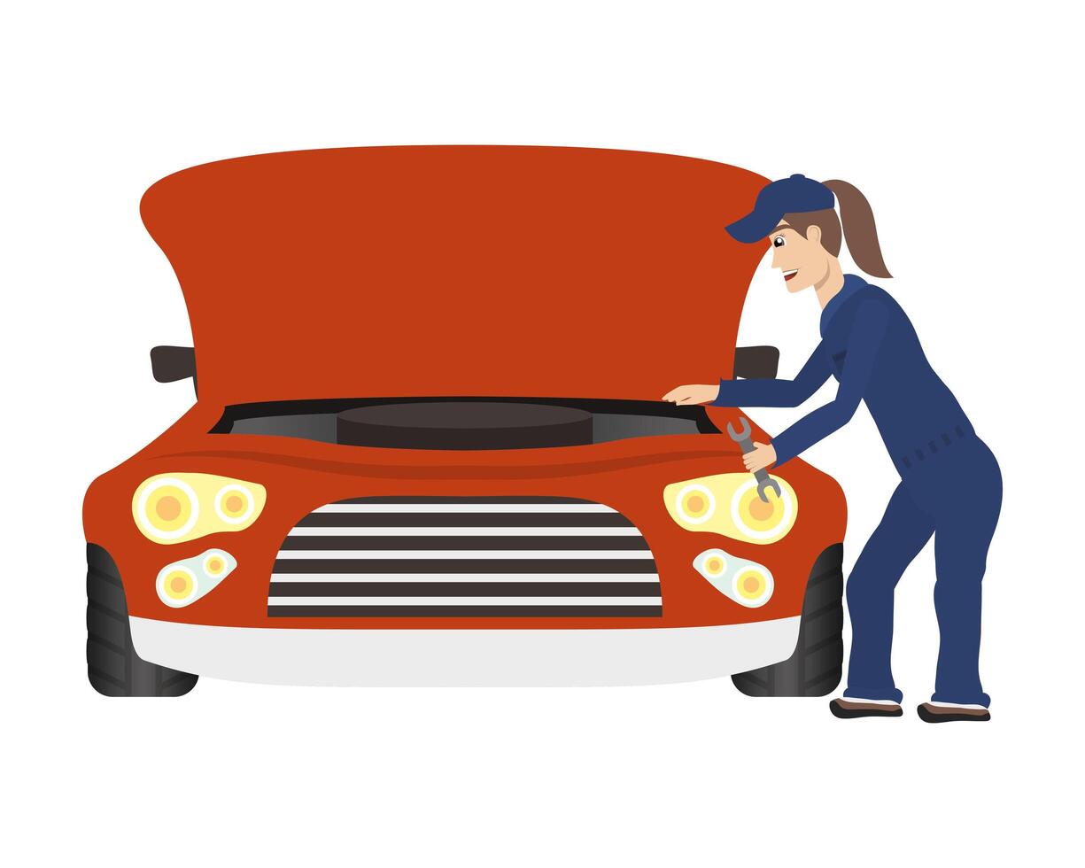 female young mechanic working in car character vector