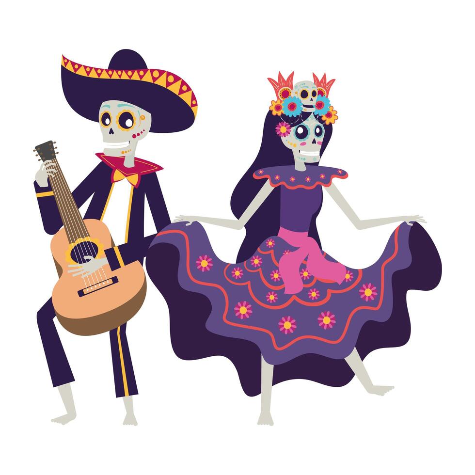 catrina y calaveras de mariachi bailando y tocando la guitarra vector