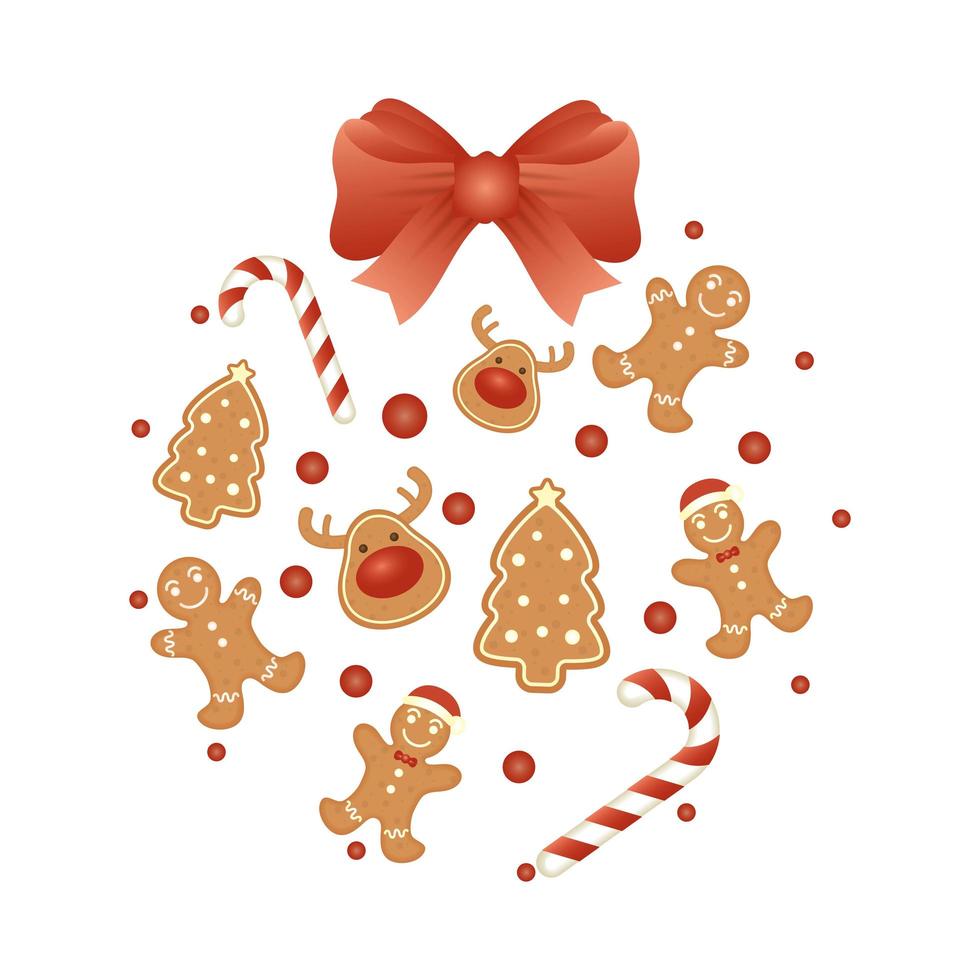 merry christmas card with cookies circular pattern vector