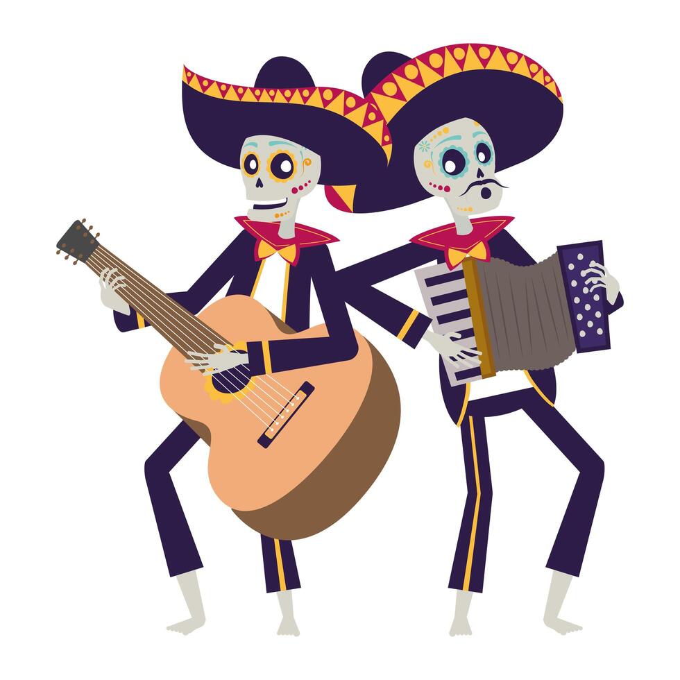 calaveras de mariachis mexicanos tocando guitarra y acordeón vector