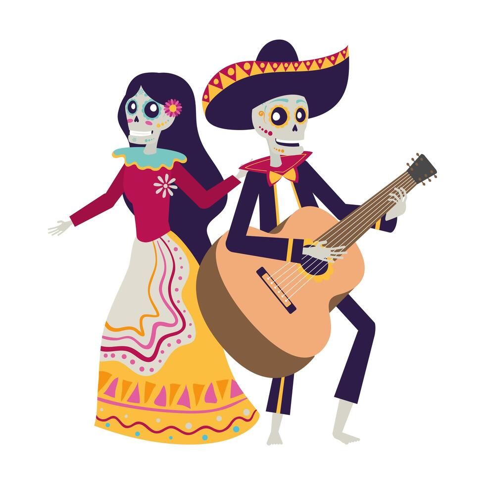 catrina y calaveras de mariachi bailando y tocando la guitarra vector