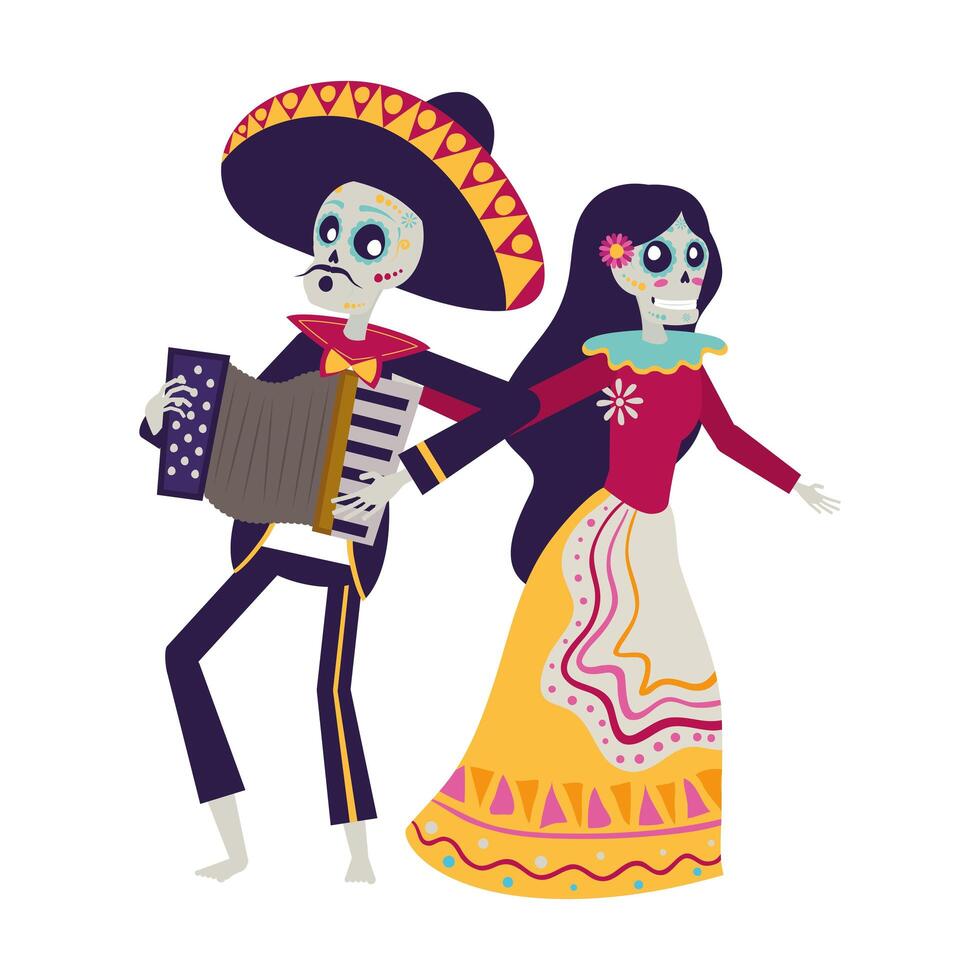 catrina y mariachi tocando acordeón pareja personajes vector