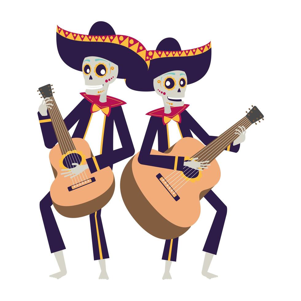 mexican mariachis skulls playing guitars characters vector