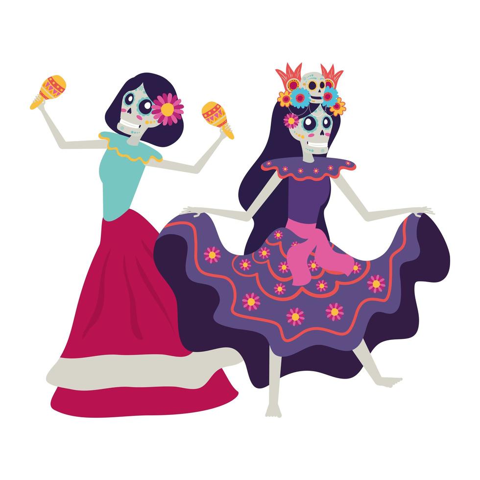 calaveras de katrinas mexicanas jugando maracas personajes de cómic vector