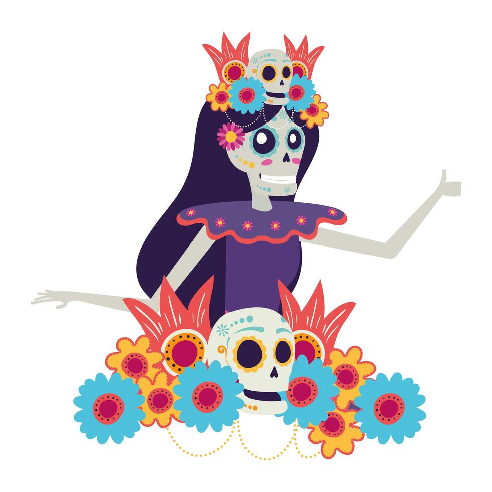 katrina skull with floral hair decoration comic character vector