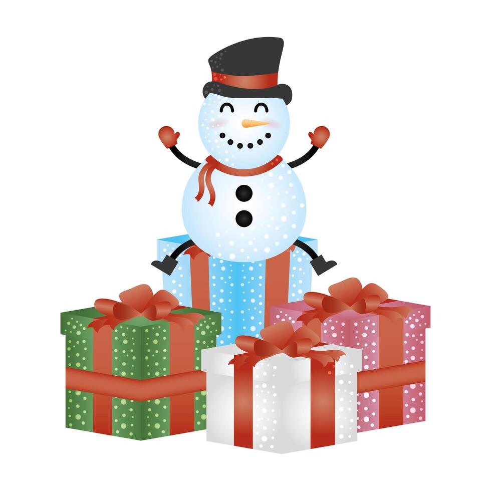 feliz navidad lindo muñeco de nieve con personaje de regalos vector