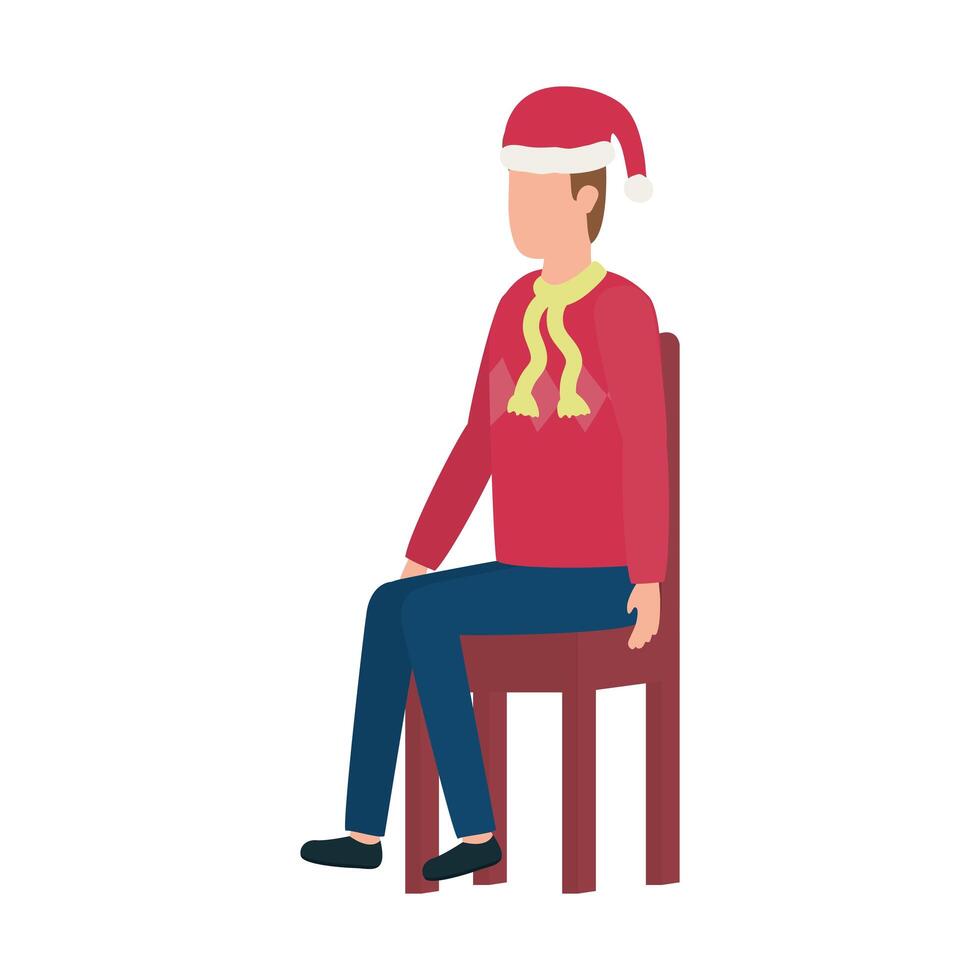 young man with christmas hat seated in chair vector