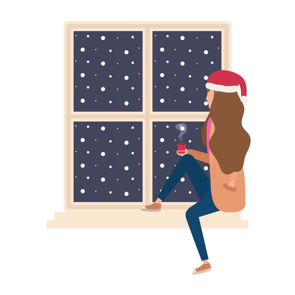 Mujer joven con gorro de navidad sentado en la ventana vector