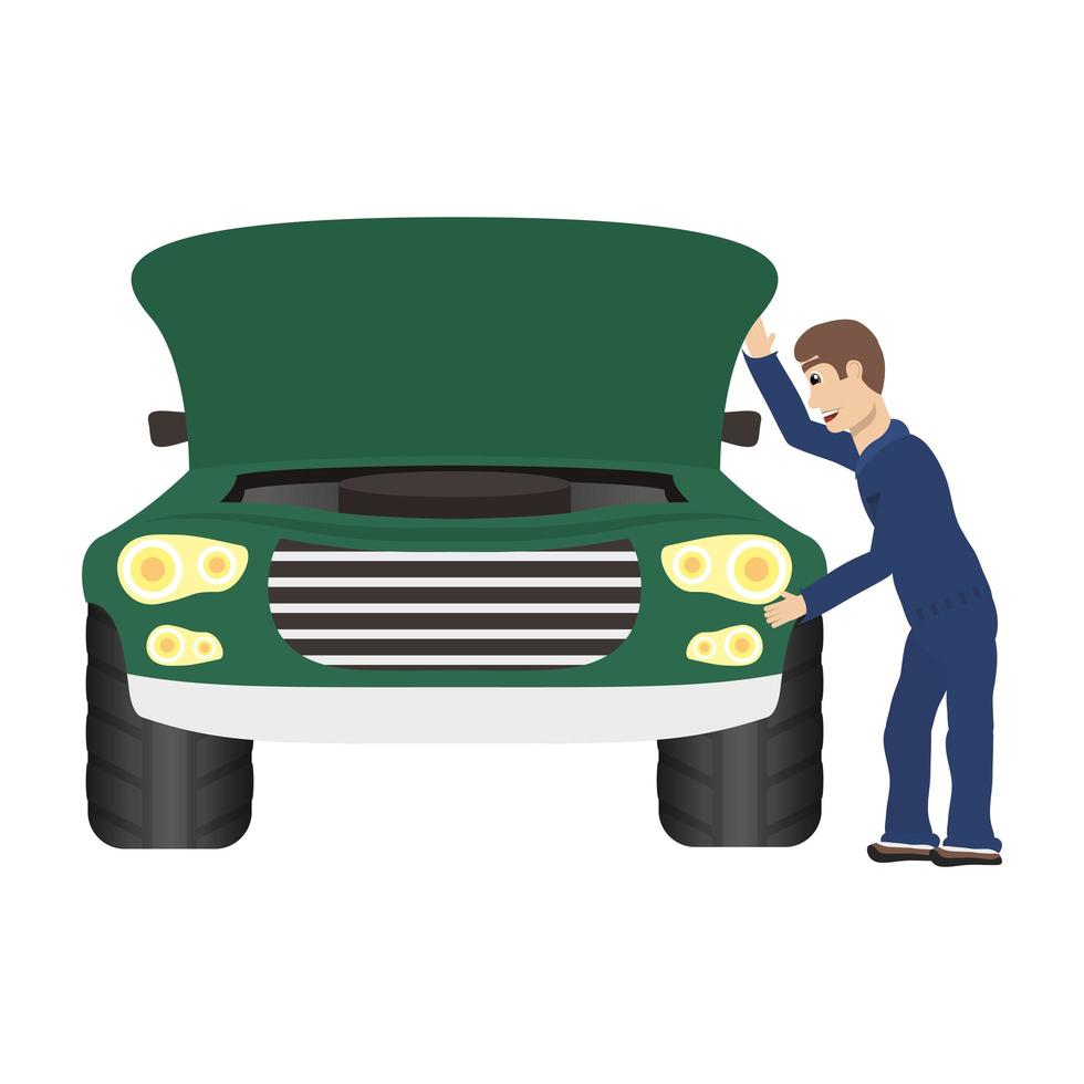 young mechanic working in car character vector