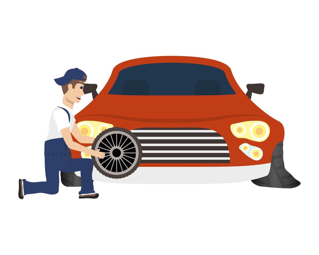 young mechanic changing tire character vector