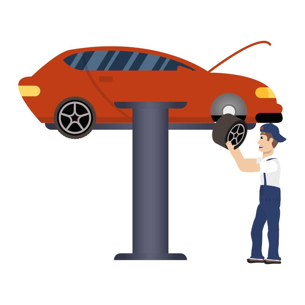 young mechanic changing tire character vector