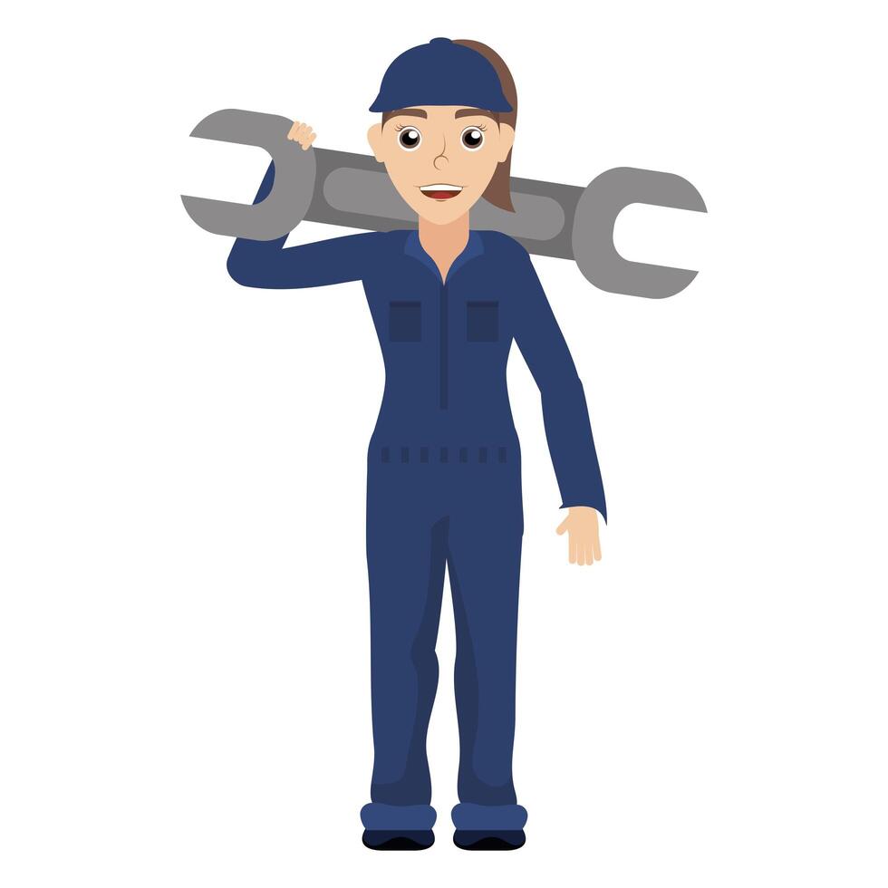 female young mechanic worker lifting wheel vector