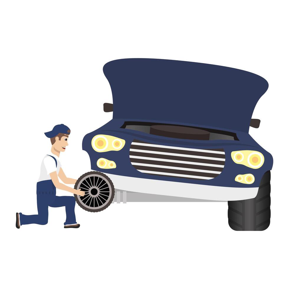 young mechanic changing tire character vector