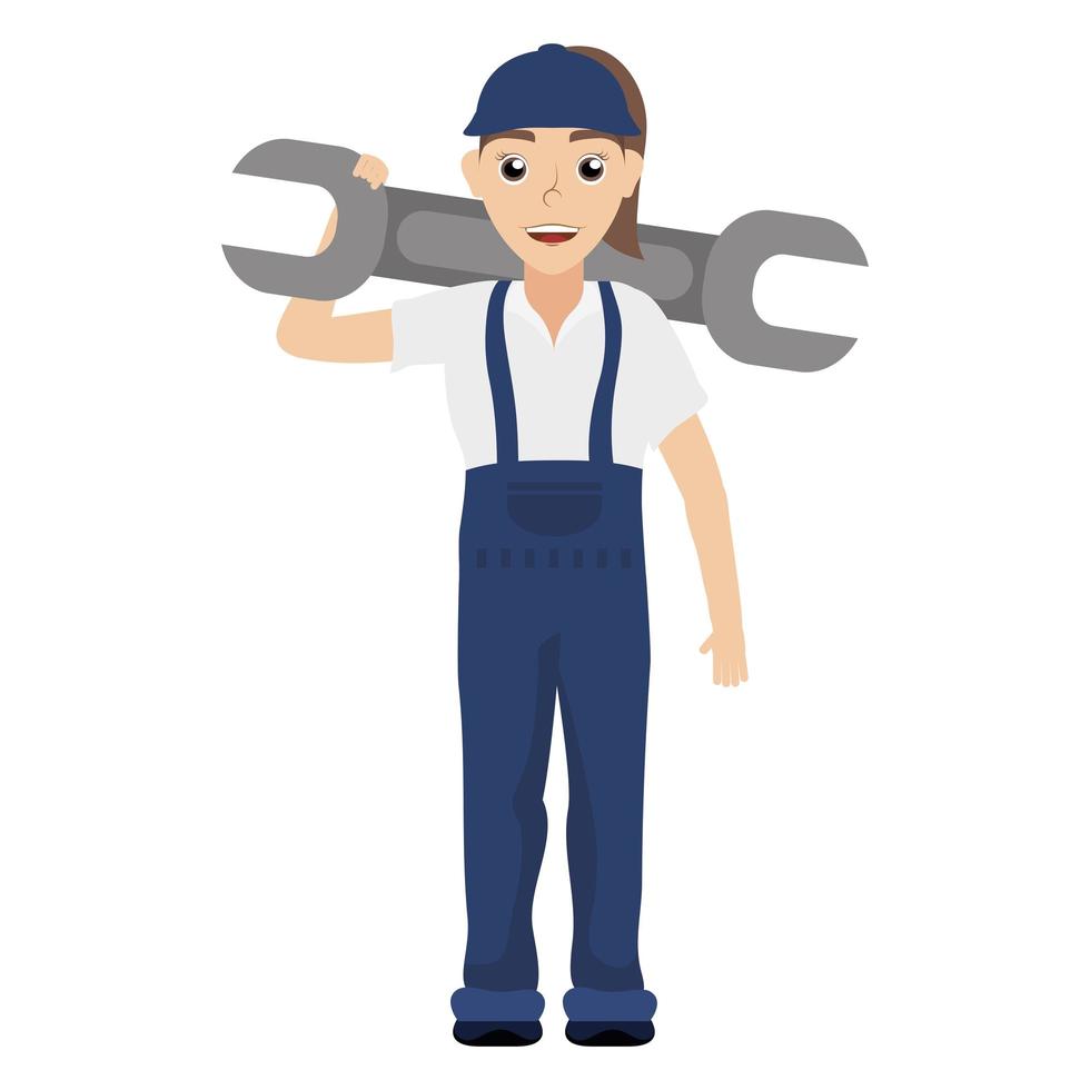 female young mechanic worker lifting wheel vector