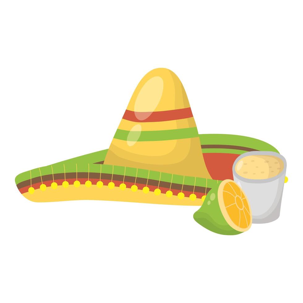 traditional mexican hat with tequila cup and lemon vector