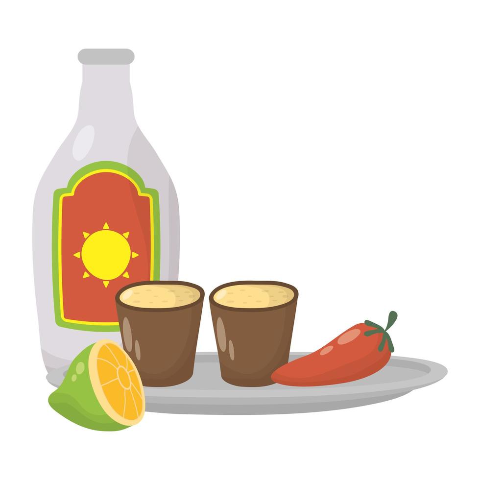mexican tequila bottle and cup with lemon vector