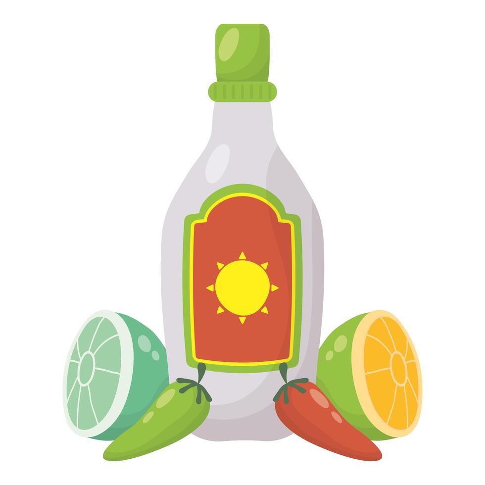 mexican tequila bottle with lemon and chili peper vector