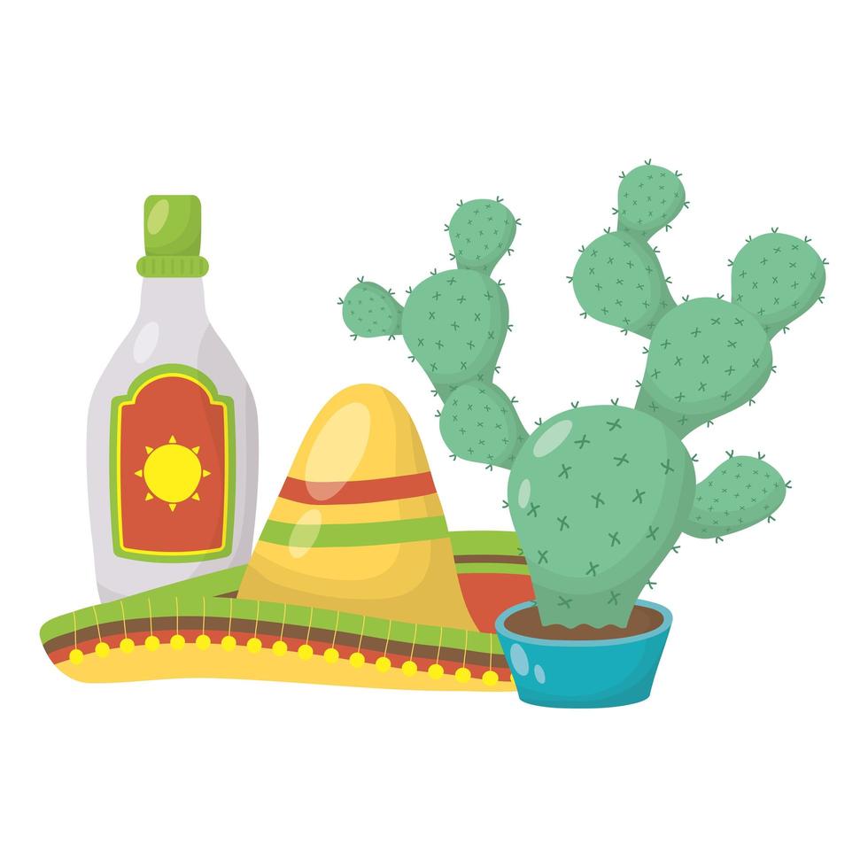cactus mexican with traditional hat and tequila bottle vector