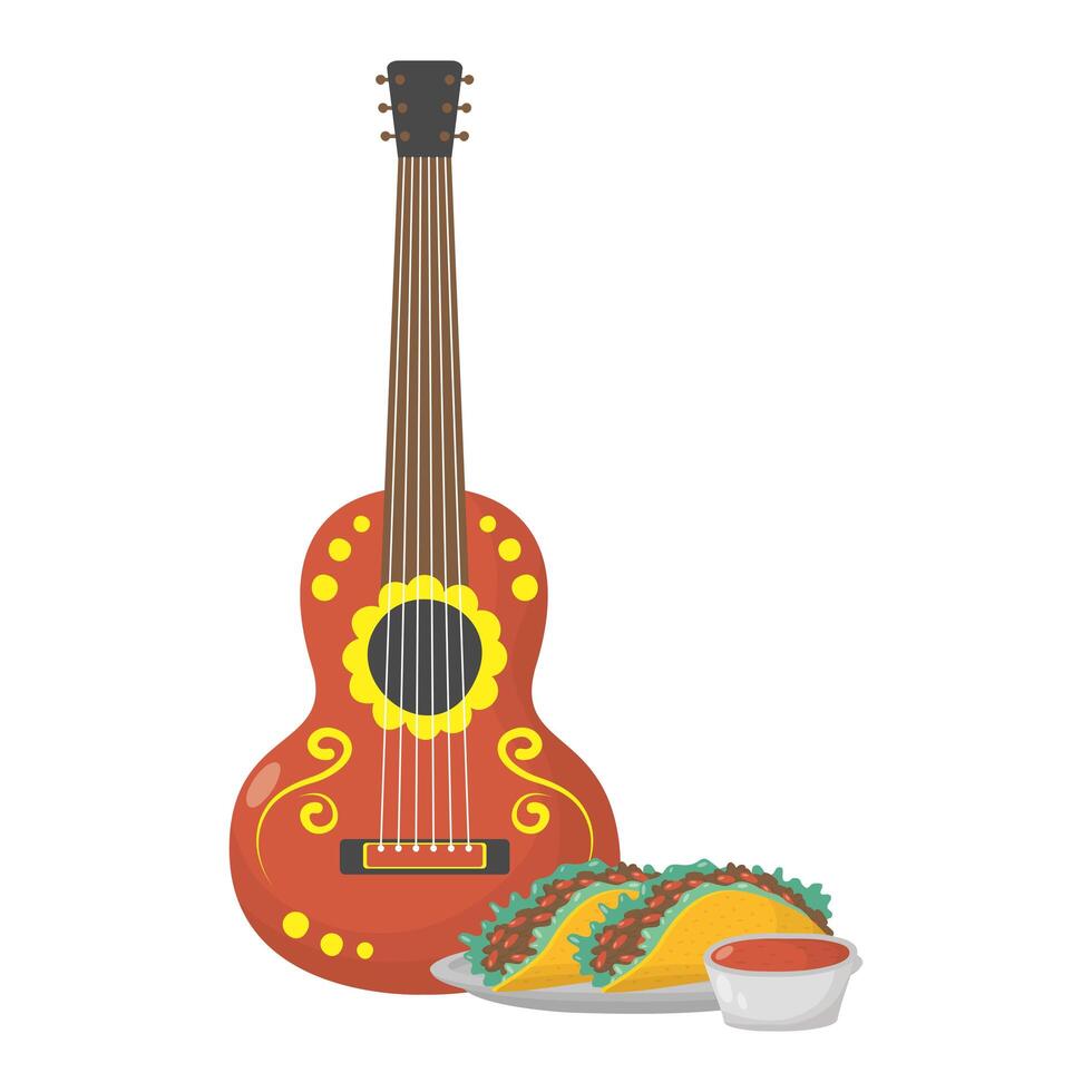 deliciosos tacos mexicanos y salsa con guitarra vector