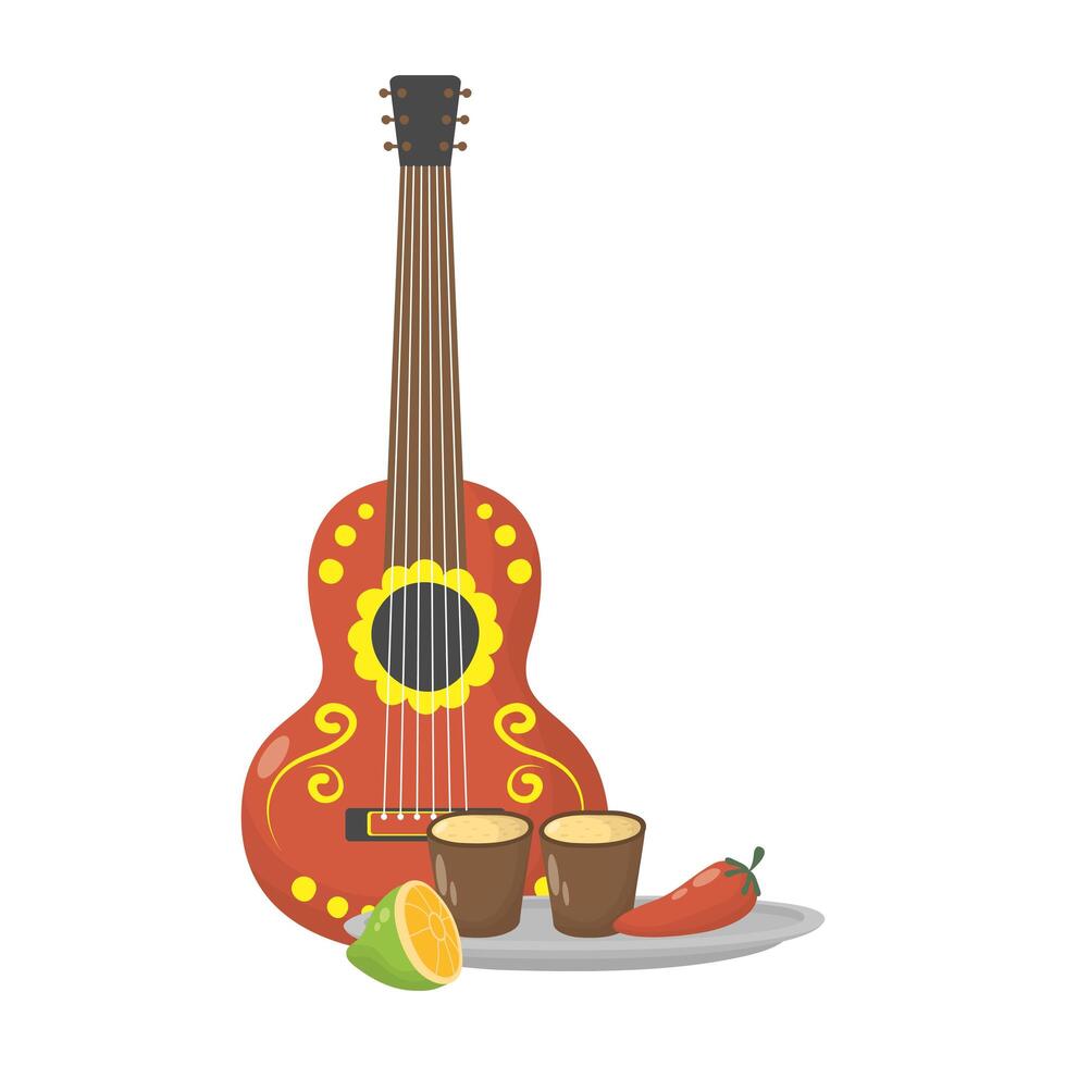 Guitarra tradicional mexicana con tazas de tequila y limón. vector