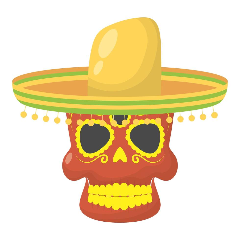 cabeza de calavera con sombrero mexicano tradicional vector