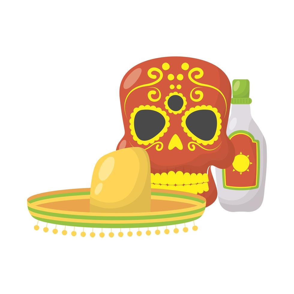 Cabeza de calavera con sombrero mexicano tradicional y botella de tequila vector