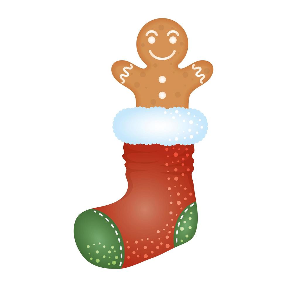 calcetín feliz feliz navidad con galleta de jengibre vector