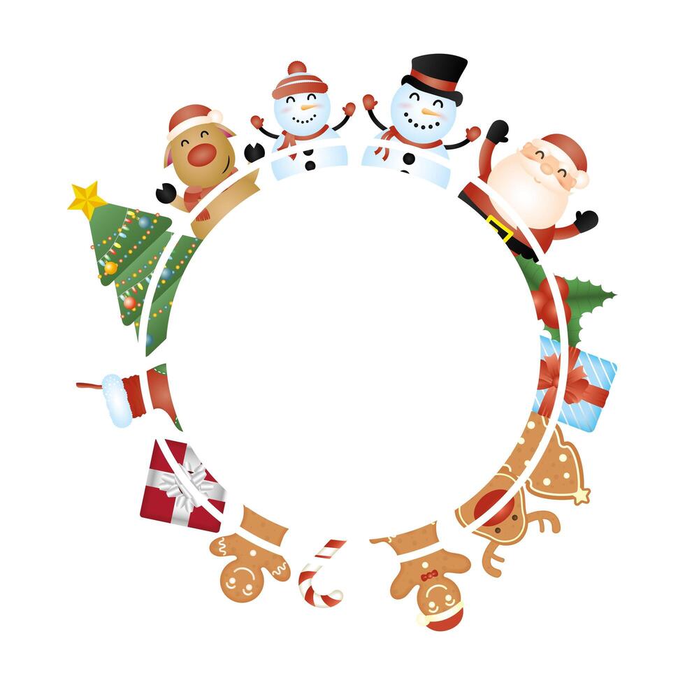 merry christmas card with characters circular frame vector