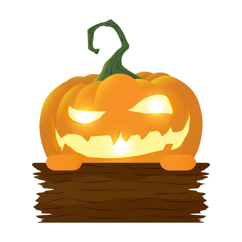 halloween pumpkin lamp with face and wooden label vector