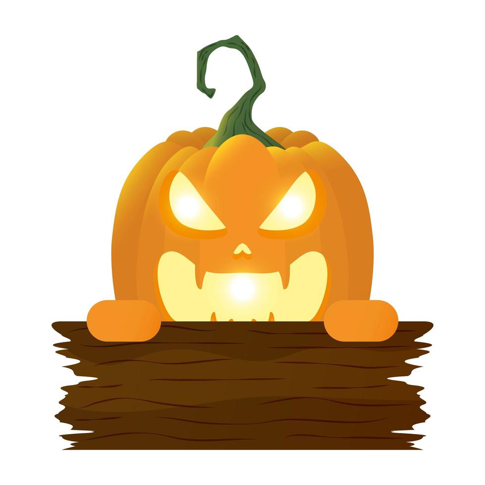Lámpara de calabaza de halloween con cara y etiqueta de madera. vector
