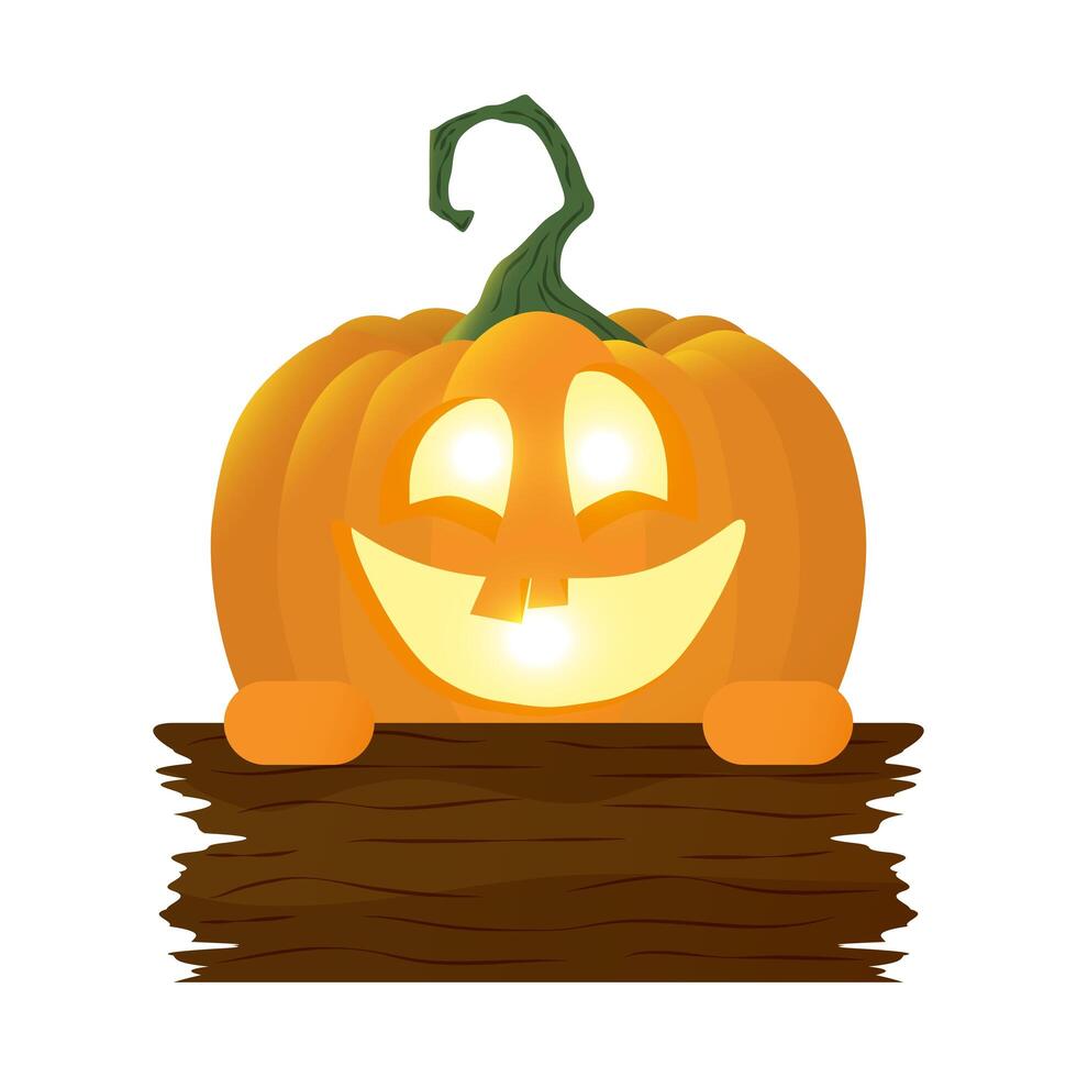 halloween pumpkin lamp with face and wooden label vector