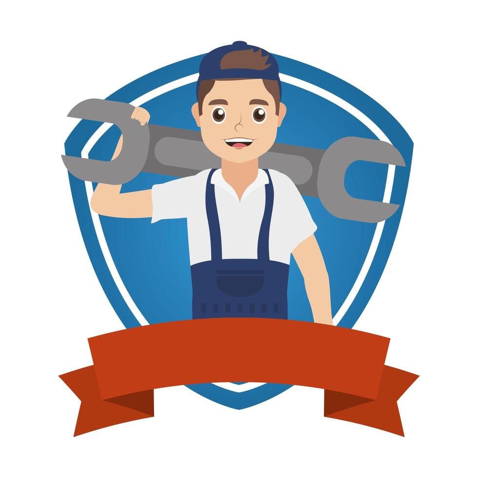 young mechanic worker lifting wrench in shield vector
