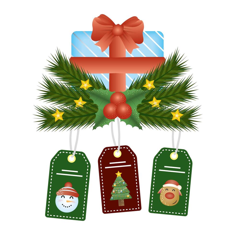 christmas gift box with tags of snowman and tree hanging vector