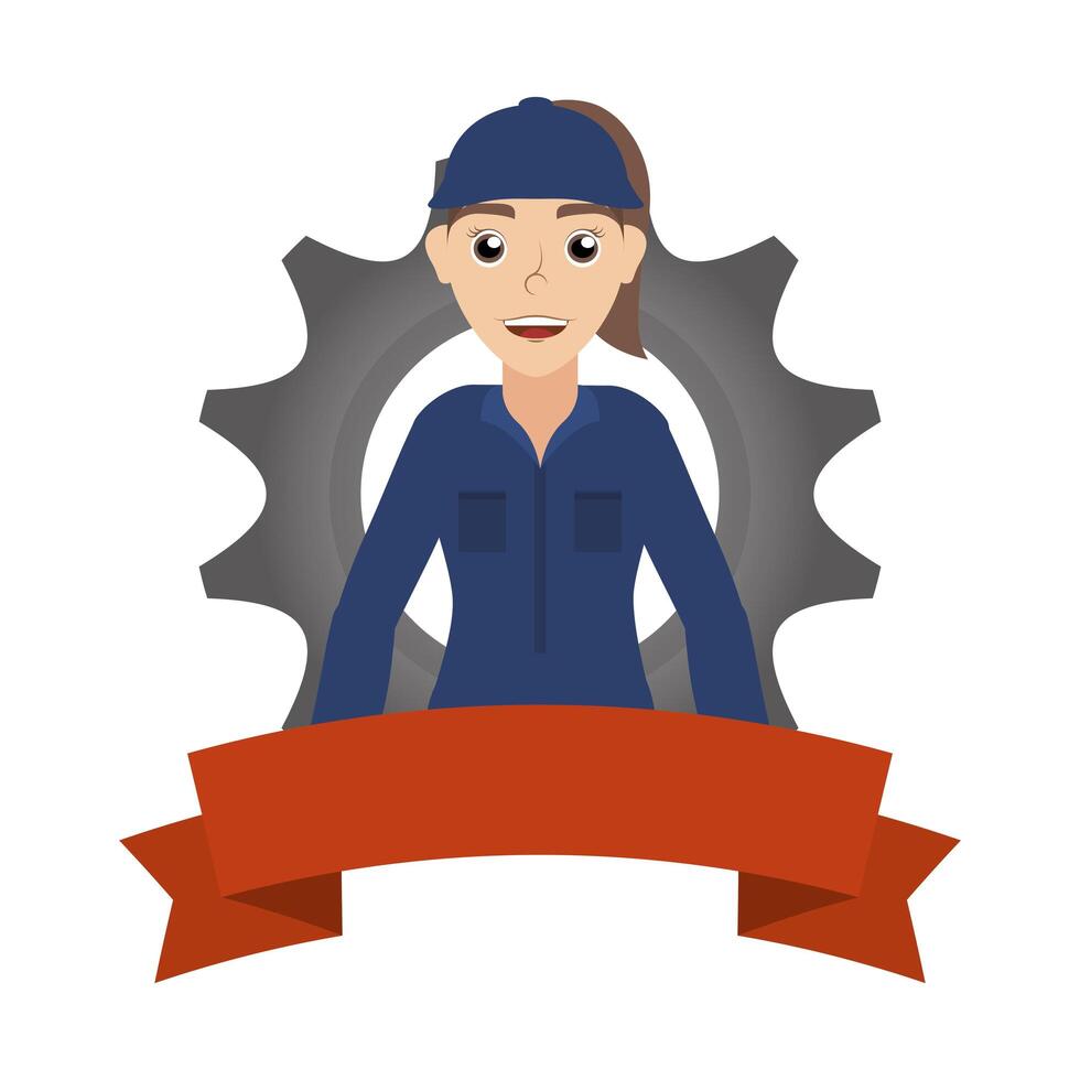 female young mechanic worker with gear and ribbon vector