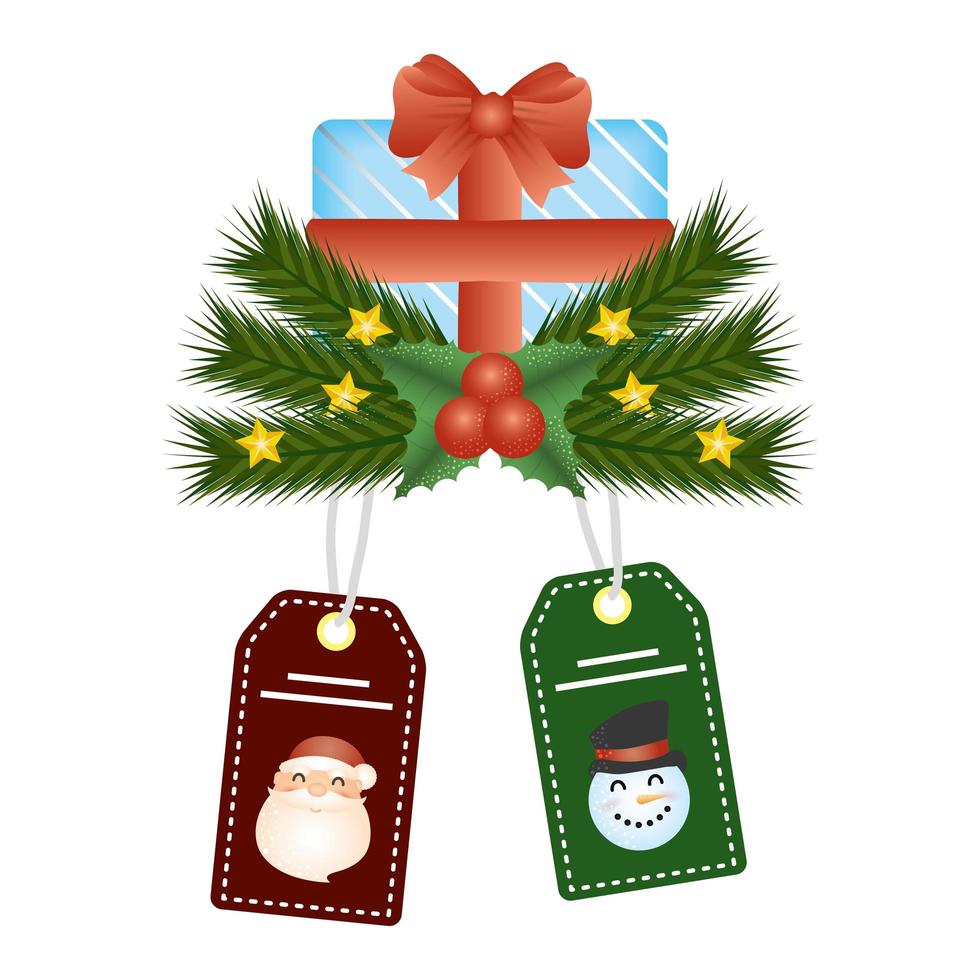 christmas gift box with tags of santa and snowman hanging vector