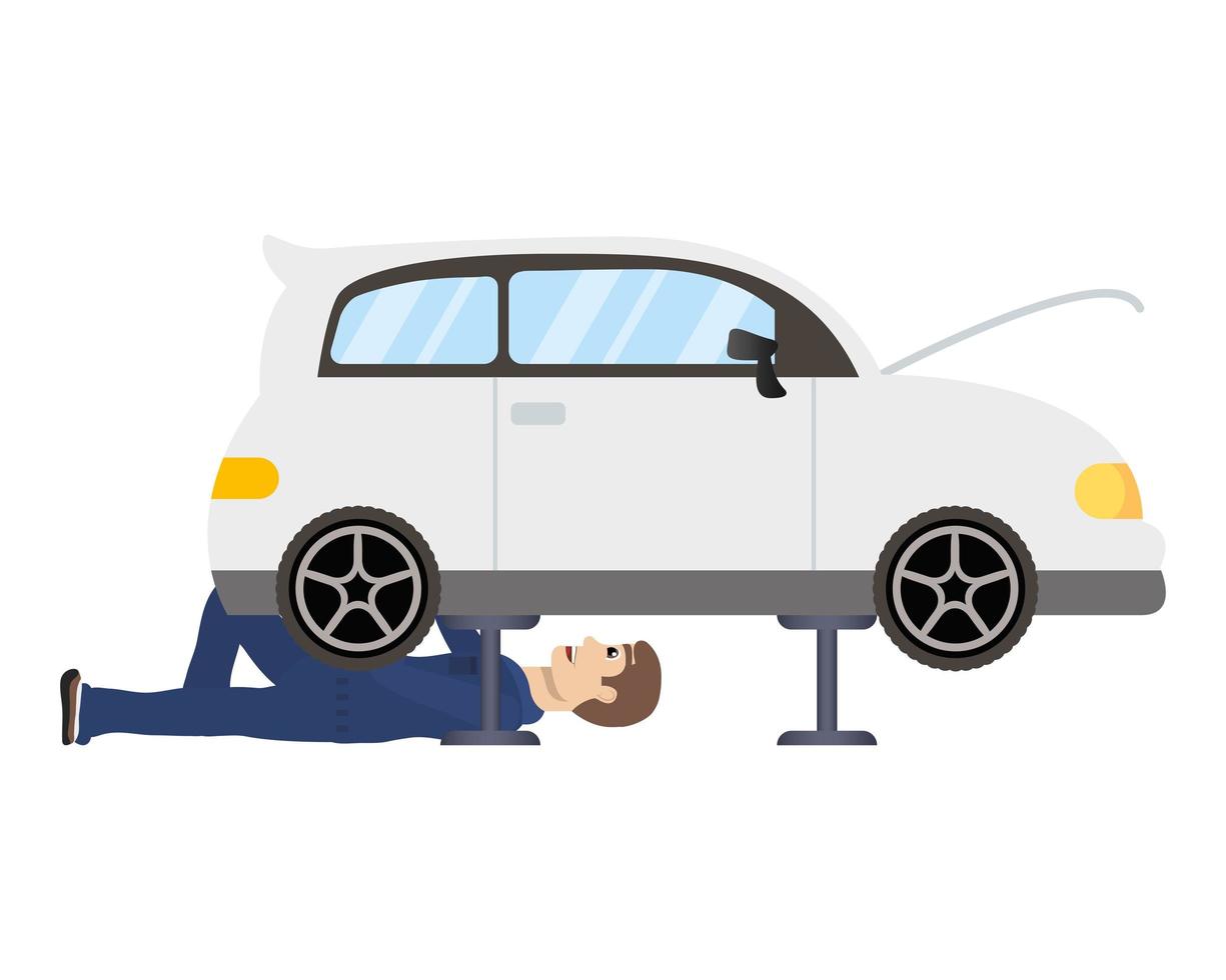 young mechanic working in car character vector
