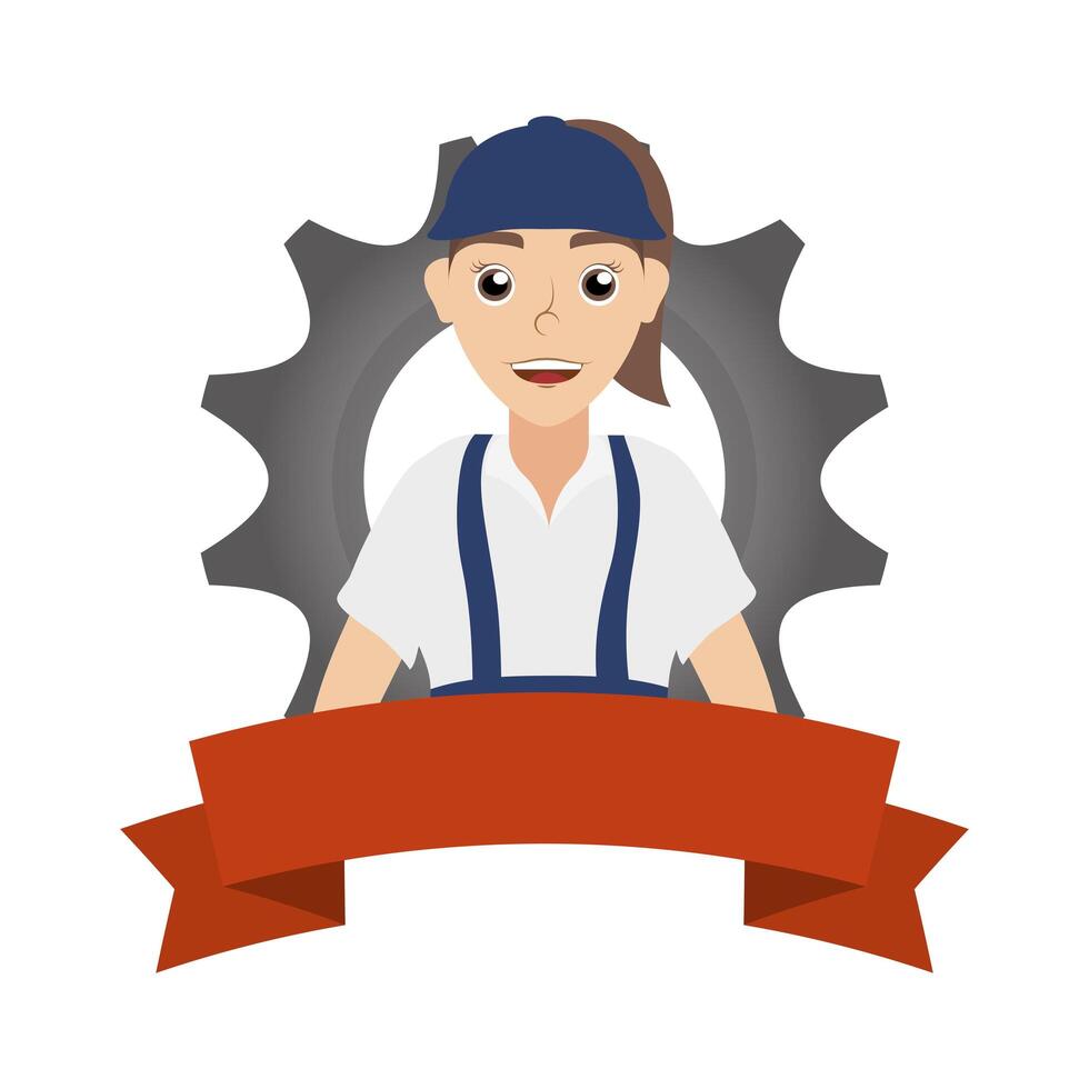 female young mechanic worker with gear and ribbon vector