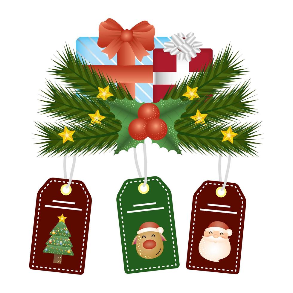 caja de regalo de navidad con etiquetas de santa y ciervos colgando vector