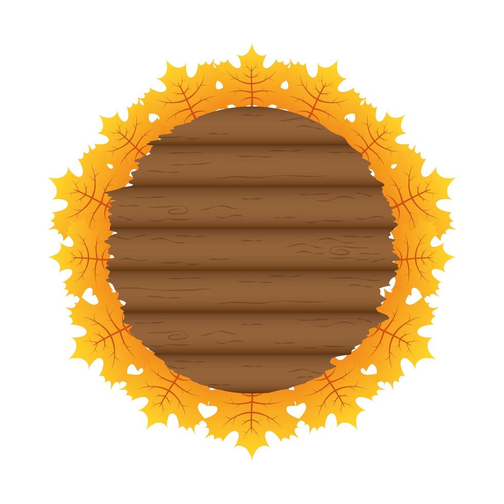 autumn circular wooden frame with leafs decoration vector